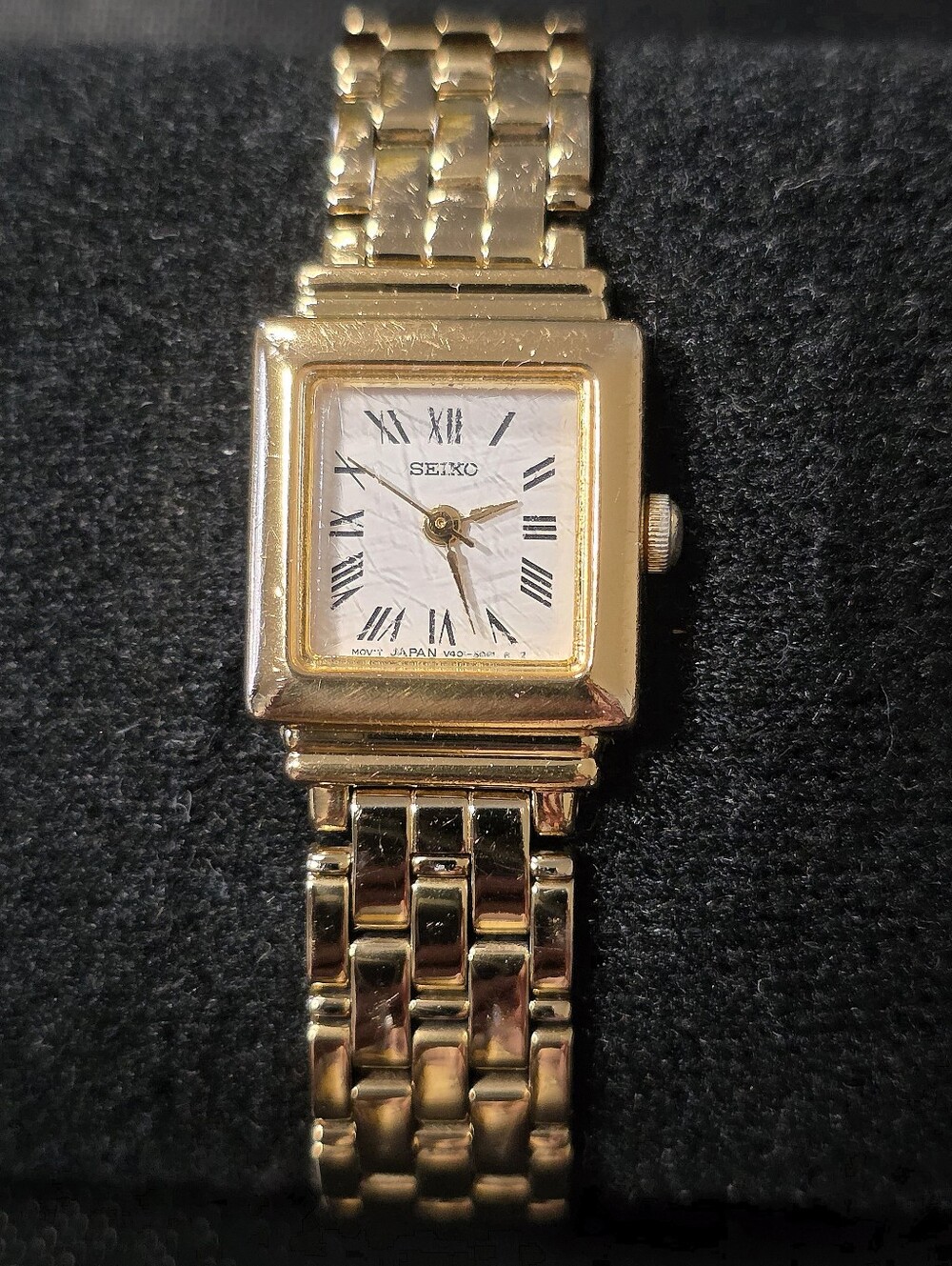 VTG Seiko Roman Numeral Square Tank 17mm Gold Tone White Dial Dainty Watch Runs